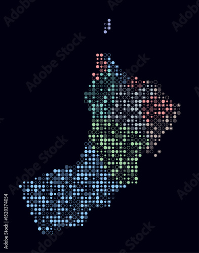 Oman, shape of the country built of colored cells. Digital style map of Oman on dark background. Small size circle blocks. Classy vector illustration.