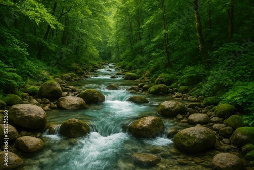 Crystal Clear Stream Flowing Through a Lush Green Forest, Symbolizing Water Purity and Sustainable Natural Resources