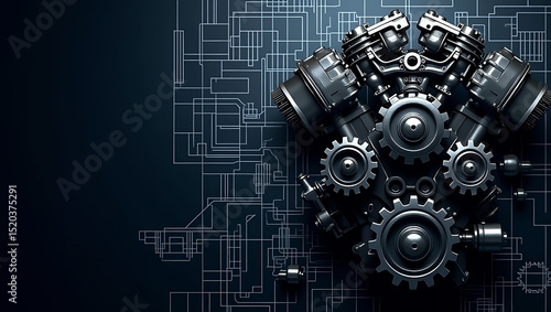 Detailed View of a Complex Engine Mechanism with Circuit Design