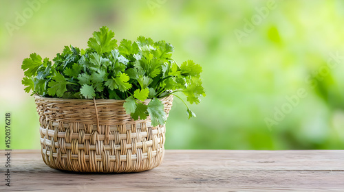 Fresh Coriander In A Basket On Wooden Table
