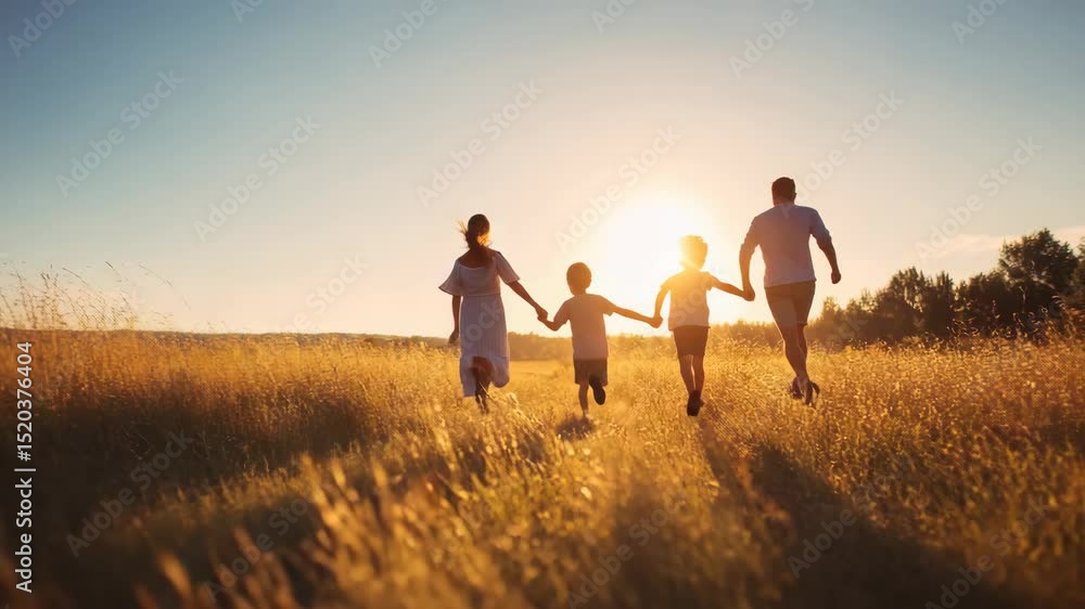 Family running through golden field at sunset silhouettes Family running through golden field at sunset silhouettes