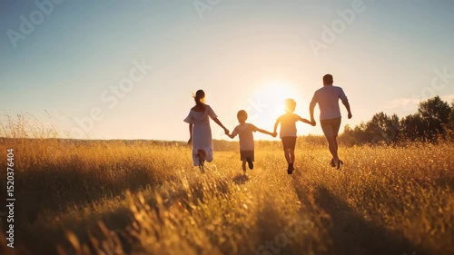 Family running through golden field at sunset silhouettes