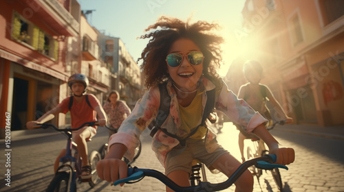 stylish city children on skateboards and bicycles in a group of friends ride along the streets of a colorful city in an incredibly positive atmosphere of happiness with the wind in their hair