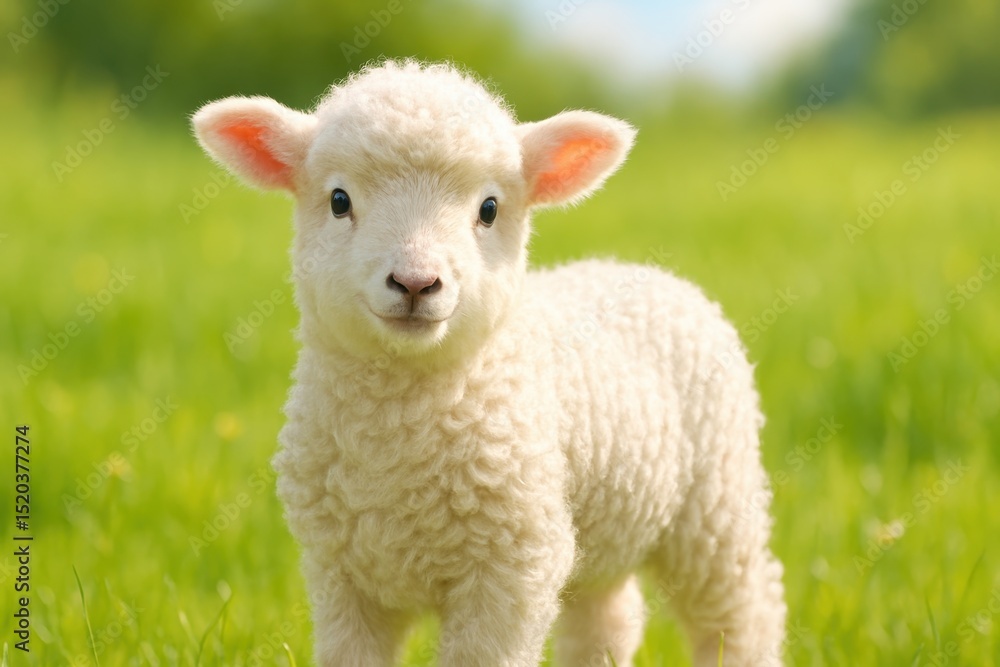 Adorable Fluffy Young White Sheep Lamb Standing Innocently in a Lush Green Meadow on a Sunny Day Created with AI for Pastoral and Children's Themes Adorable Fluffy Young White Sheep Lamb Standing Innocently in a Lush Green Meadow on a Sunny Day Created with AI for Pastoral and Children's Themes