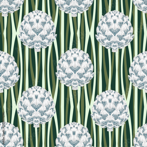 Seamless pattern with hand-drawn artichokes on abstract stripes background. A blend of vintage and modern sketch style inspired by Mediterranean aesthetics