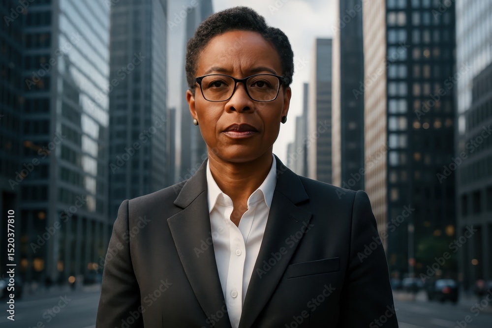 Fototapeta premium Confident Middle Aged African American Businesswoman in Formal Suit and Eyeglasses Posing Against a Modern Cityscape Backdrop