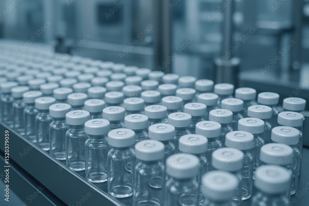 Pharmaceutical Manufacturing Close-Up Numerous Sterile Medical Vials Moving Along an Automated Conveyor Belt in a High-Tech Production Line Ensuring Quality Control Pharmaceutical Manufacturing Close-Up Numerous Sterile Medical Vials Moving Along an Automated Conveyor Belt in a High-Tech Production Line Ensuring Quality Control
