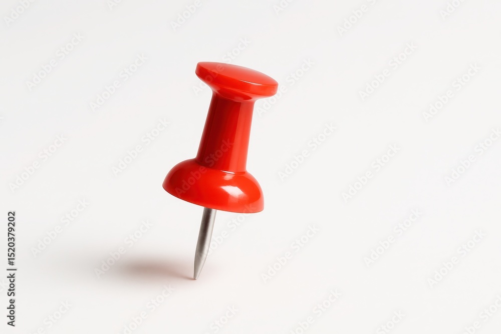 Single, glossy red push pin or thumbtack, sharply focused and casting a subtle shadow, isolated on a pristine white background, symbolizing marking, planning, or a reminder. Single, glossy red push pin or thumbtack, sharply focused and casting a subtle shadow, isolated on a pristine white background, symbolizing marking, planning, or a reminder.
