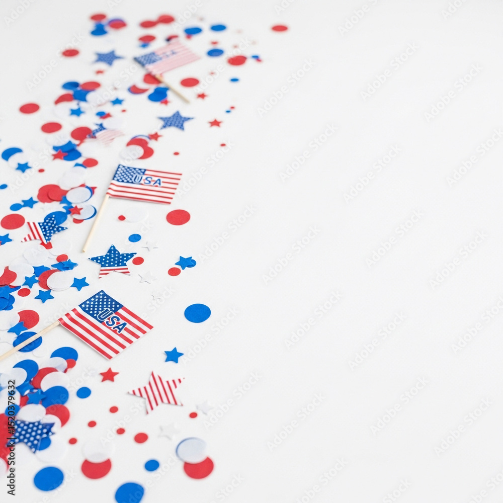 Obraz premium Minimal desktop flat lay with red, white, and blue confetti, USA-themed paper decorations, stock-ready scene