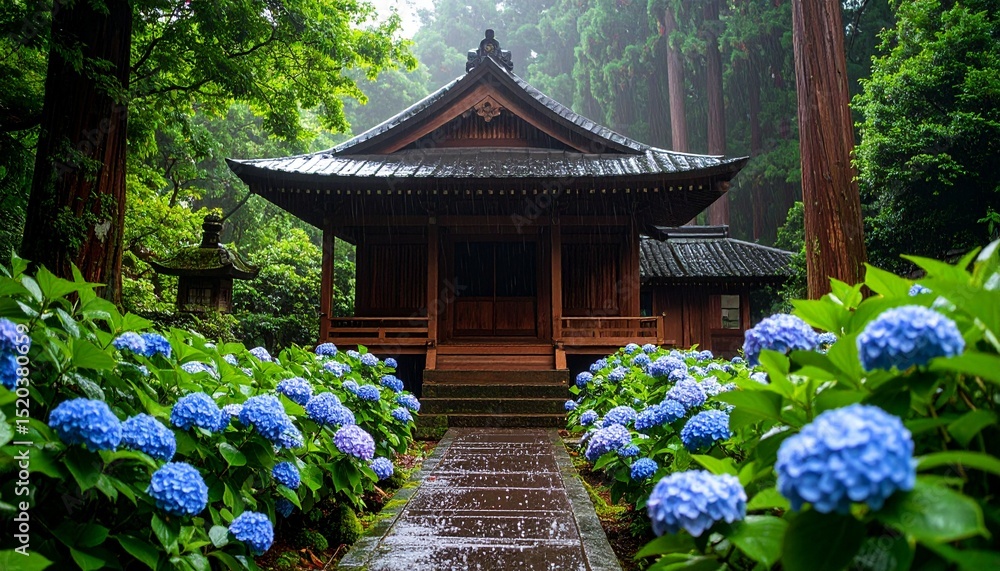 雨上がり、紫陽花が咲く神社の境内 雨上がり、紫陽花が咲く神社の境内