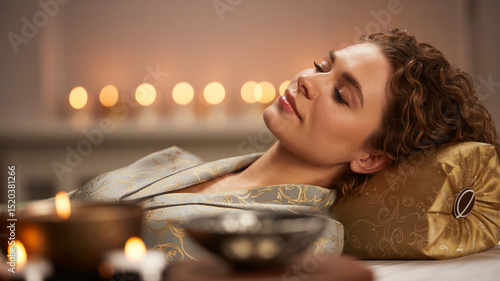 A woman enjoying a sound bath session, lying down and absorbing the soothing sounds in a tranquil environment