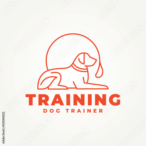 minimalist dog with collar and leash line art icon logo vector illustration design. simple modern dog trainer or dog sitter logo concept