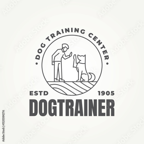 minimalist someone training a dog line art badge icon logo vector illustration design. simple modern dog trainer or dog sitter emblem logo concept