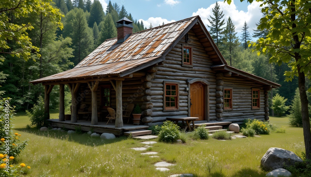 Charming Rustic Log Cabin Surrounded by Lush Green Forest Scenery Charming Rustic Log Cabin Surrounded by Lush Green Forest Scenery