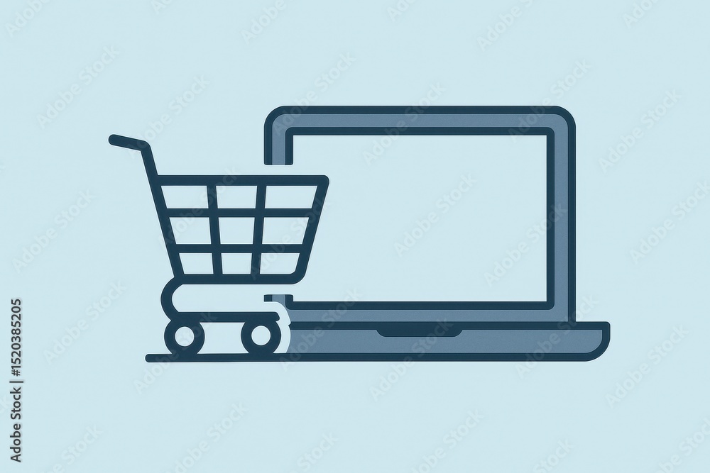 Minimalist Illustration of a Shopping Cart Icon Next to an Open Laptop on a soft light blue background representing e-commerce, online shopping, and digital retail Minimalist Illustration of a Shopping Cart Icon Next to an Open Laptop on a soft light blue background representing e-commerce, online shopping, and digital retail