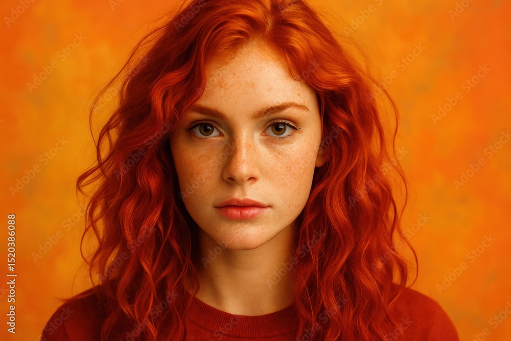 Striking Close-Up Portrait of a Young Woman with Fiery Red Hair and Freckles her captivating gaze and unique beauty isolated against a vibrant, colorful studio background Striking Close-Up Portrait of a Young Woman with Fiery Red Hair and Freckles her captivating gaze and unique beauty isolated against a vibrant, colorful studio background