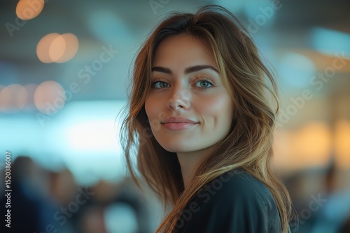 Wallpaper Mural Portrait of a Confident Young Brunette Woman with Vibrant Smile and Stylish Casual Attire. Trendy Lifestyle Photography Capturing Natural Beauty and Friendly Expression Torontodigital.ca