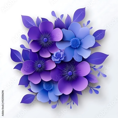 3D paper-cut vector illustration of blue and purple flowers in paper art style