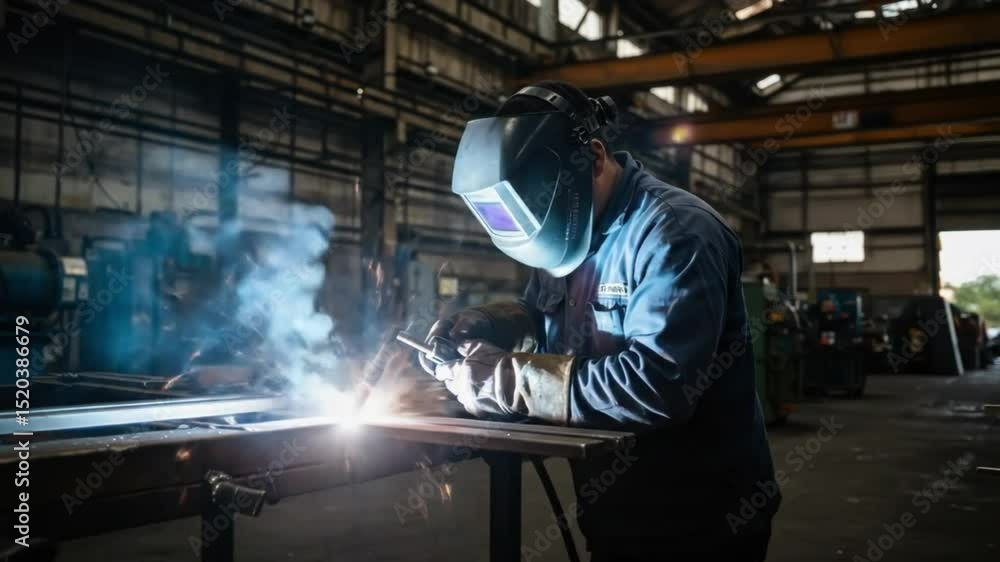 Welding Metal in Dark Industrial Setting Safety Gear Sparks Welding Metal in Dark Industrial Setting Safety Gear Sparks