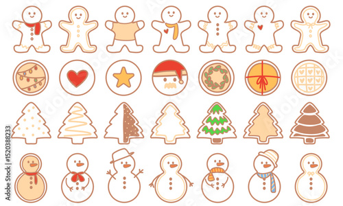 christmas cookies illustration lineart: christmas tree, santa,
gingerbread cookies, snowman icon
