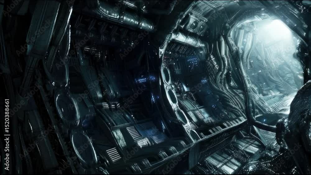Spooky dark corridor in futuristic spaceship, scary alien spacecraft ...