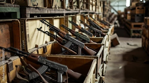 Weapon and army equipment in warehouse, wooden boxes with machine guns in storage, illegal smuggle arsenal. Concept of war, store, military industry, violence.