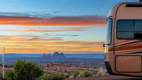 Scenic RV Adventure in Monument Valley at Sunset with Dramatic Clouds