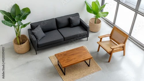 Modern Living Room with Cozy Sofa, Wooden Table and Indoor Plants