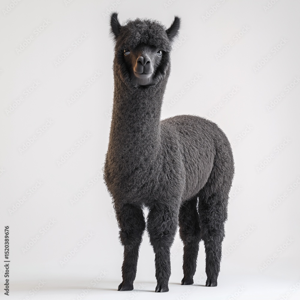 Obraz premium Black Fluffy Alpaca Portrait on Farm. Adorable Livestock with Cheery Disposition in Rural Pasture - Eco-Friendly Alpaca Culture & Sustainable Farming