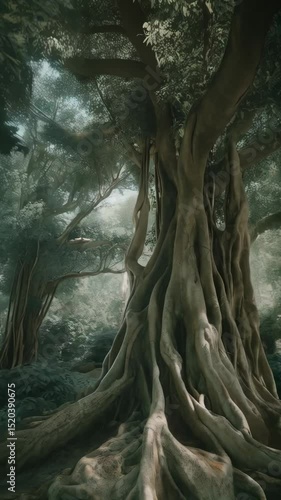 Giant banyan tree with thick roots in a dense, lush green forest. The tangled aerial roots hang down, creating a unique landscape.