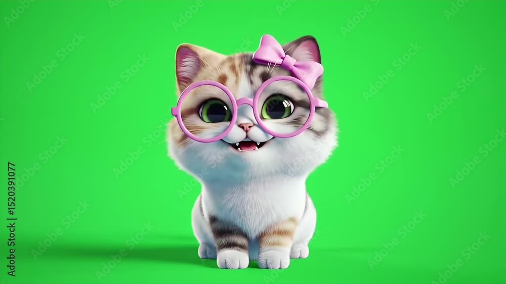 Cute Cartoon Cat with Glasses and Pink Bow on Green Screen Background Cute Cartoon Cat with Glasses and Pink Bow on Green Screen Background