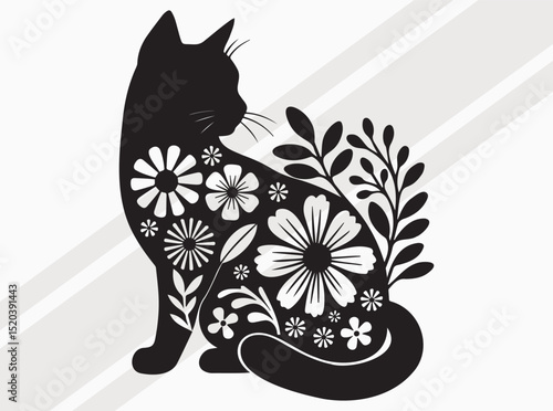 Floral Cat Silhouette, Floral Cat SVG, Cat with Flowers, Cat Body fill Flowers Pattern, Decorative Cat SVG, Cat Art Print for Nature and Animal Lovers Decor