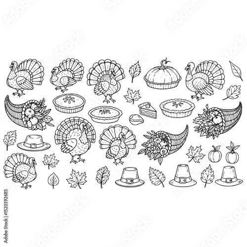 Thanksgiving outline vector illustration with turkey pumpkin pie cornucopia and pilgrim hat thanksgiving day 100