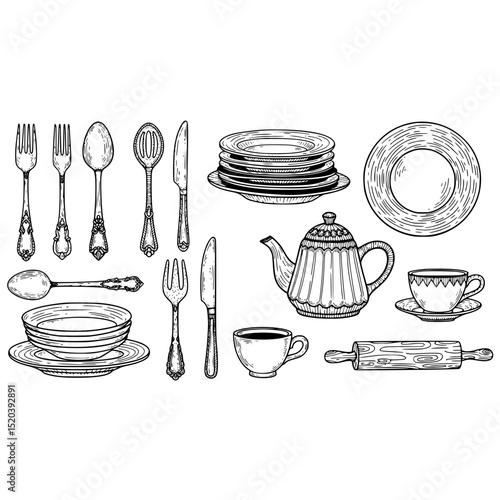 Vintage kitchenware utensils silverware tableware plates teapot cups rolling pin drawing illustration design