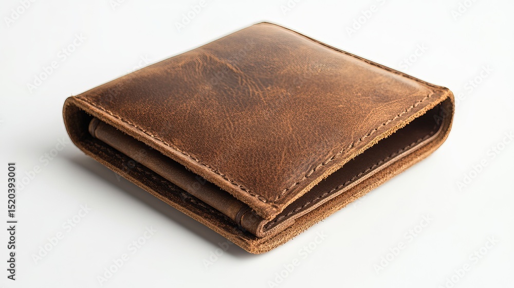 A leather wallet floating open on a white background A leather wallet floating open on a white background