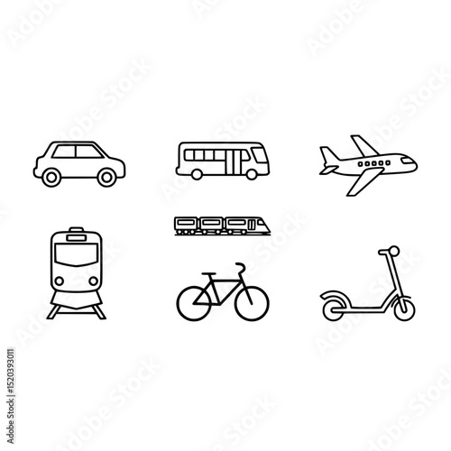 Transportation vehicle car bus airplane train bicycle scooter travel outline vector icons set design