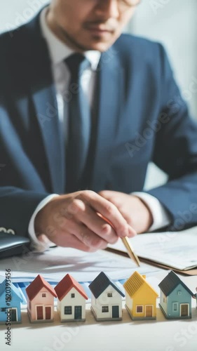Professional in suit reviews real estate contract with pen above miniature houses, focusing on investment and purchase decisions.