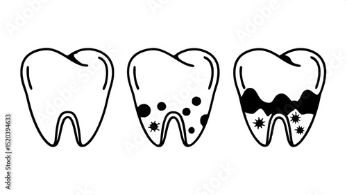 "Minimalist dental icons illustrating common issues: toothache, gum inflammation, plaque buildup, and chipped tooth. Flat vector style, dark gray-blue on light gray."



