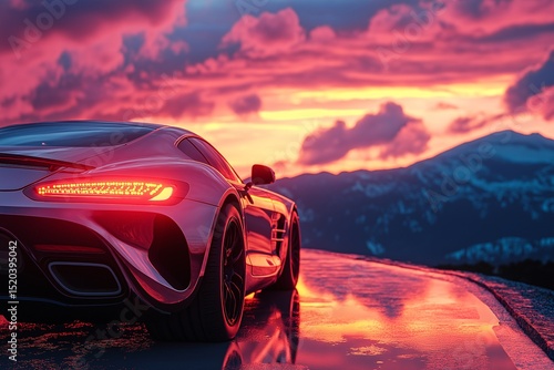 Luxury Sports Car in Dramatic Sunset Landscape. Scenic Mountain Road Travel Adventure