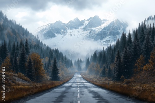 Scenic Mountain Road at Sunset. Alpine Adventure through Misty Forest Landscape - Tranquil Autumn Travel & Exploration