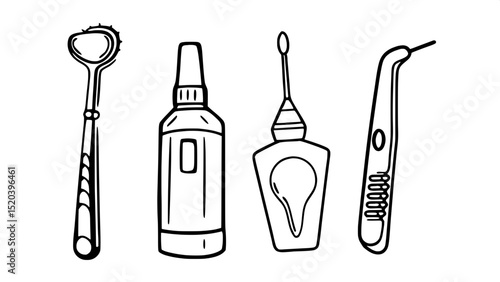 "Set of dental hygiene product icons: electric toothbrush, dental floss, fluoride rinse, and tongue scraper. Rendered in a consistent flat, detailed style, dark gray-blue on light gray."



