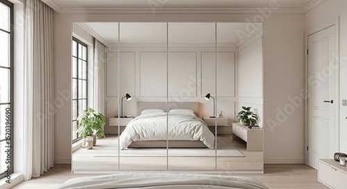 Modern minimalist bedroom interior featuring a large mirrored wardrobe bed with neutral tones and natural light from windows creating a sense of space and tranquility.