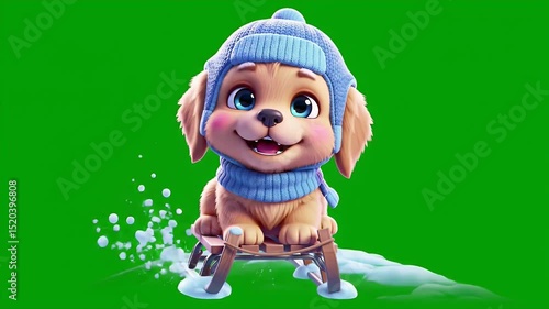 Smiling Puppy in Winter Gear on a Sled 3D Rendering with Green Screen Background