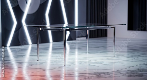 Modern interior design with a transparent glass table and reflective chrome legs set against an abstract background of neon lights with soft lighting and a polished floor