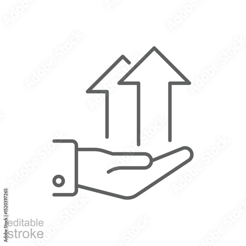 Line Art Icon of Hand Presenting Two Upward Arrows Business Growth and Opportunity Symbol Editable Stroke Advancement