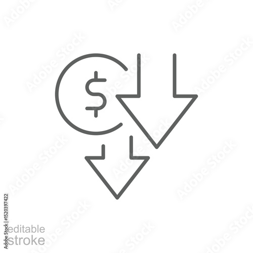Editable Stroke Outline Icon Showing Dollar Value Downward Trend and Reduced Expenses Cost Saving Financial Decrease Symbol
