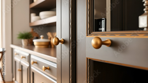 A kitchen cabinet with brass handles, creating a chic and timeless look in the room.