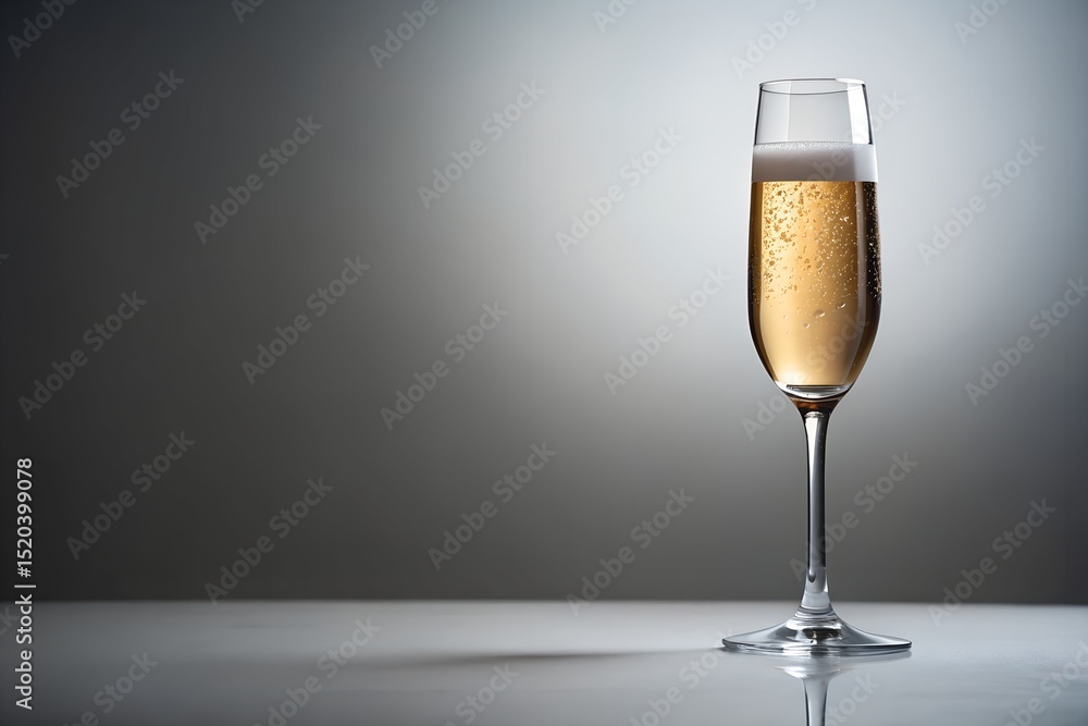 Single glass of sparkling champagne placed on gray table symbolizing elegant celebration Single glass of sparkling champagne placed on gray table symbolizing elegant celebration