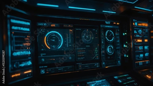 Futuristic spacecraft interior display featuring neon blue orange digital readouts and gauges on black screens