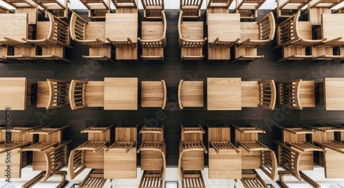 Overhead view of a geometric arrangement of wooden tables and chairs on a dark surface showcasing architectural patterns and symmetrical design
